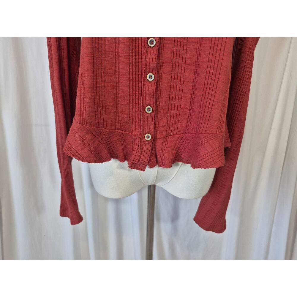 Pilcro Ribbed Puff Sleeved Red Cotton Blend Shirt Top Medium - Picture 5 of 11